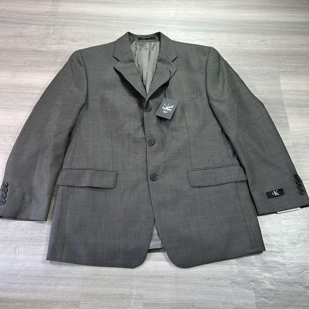 NEW Calvin Klein‎ Suit Jacket Mens 40 Short Gray Wool Check 3 Button Made Canada